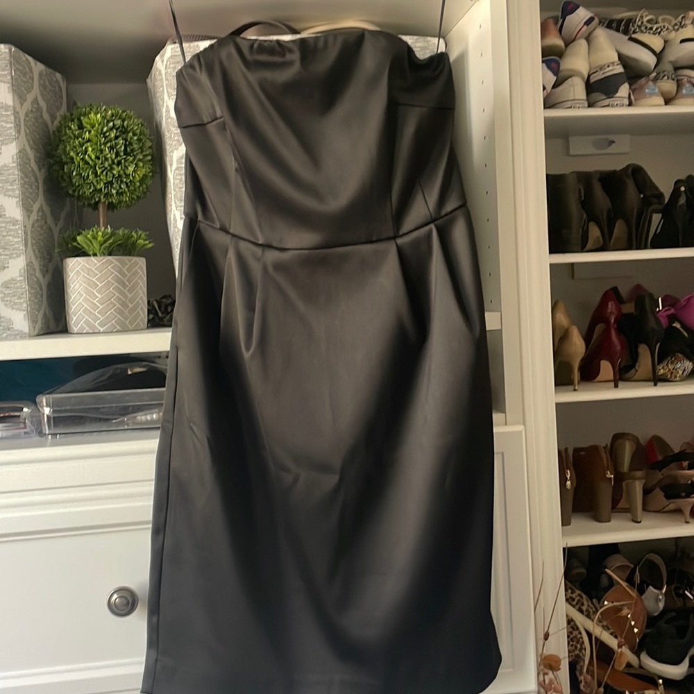 Black satin mini strapless dress